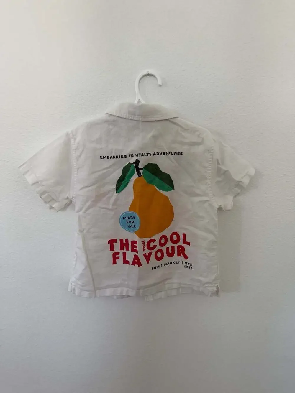 Zara Boys White Short Sleeve Button-Up Shirt with Pear Fruit Graphic Print